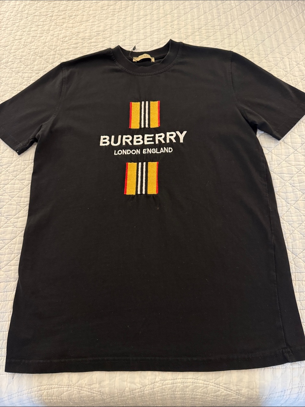 Burberry Black Crewneck Tee with Yellow & Red Stripe Accents